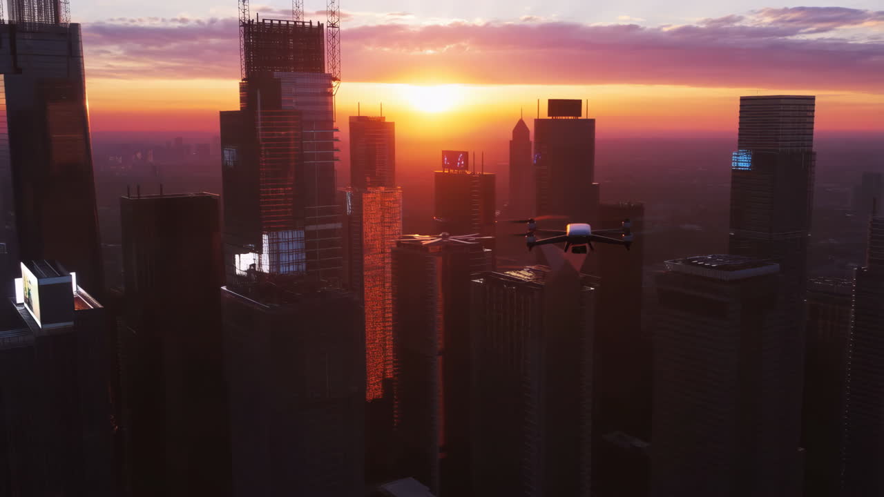 Drone voando sobre uma paisagem urbana ao pôr do sol