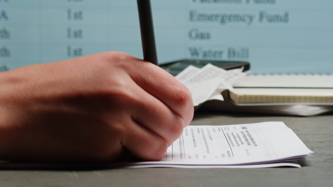 Close-up of Hand Writing on Financial Form with Pen