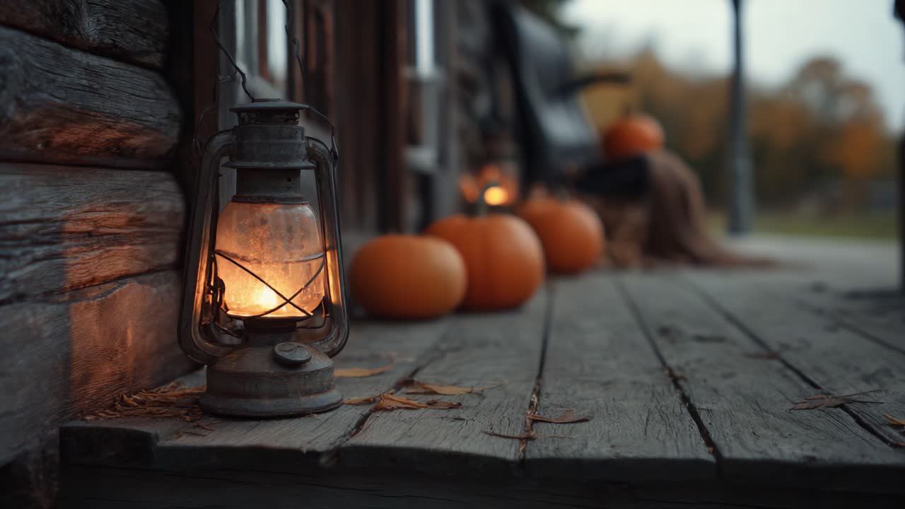 An Enchanting Autumn Scene Featuring a Rustic Lantern and Pumpkins on a Wooden Porch, Capturing the Essence of Halloween and Seasonal Changes in Nature
