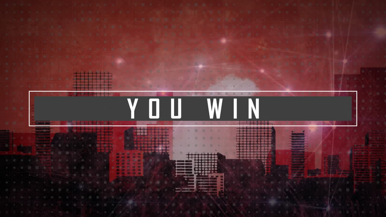Animation of you win text in bar over connected dots with lines over cityscape