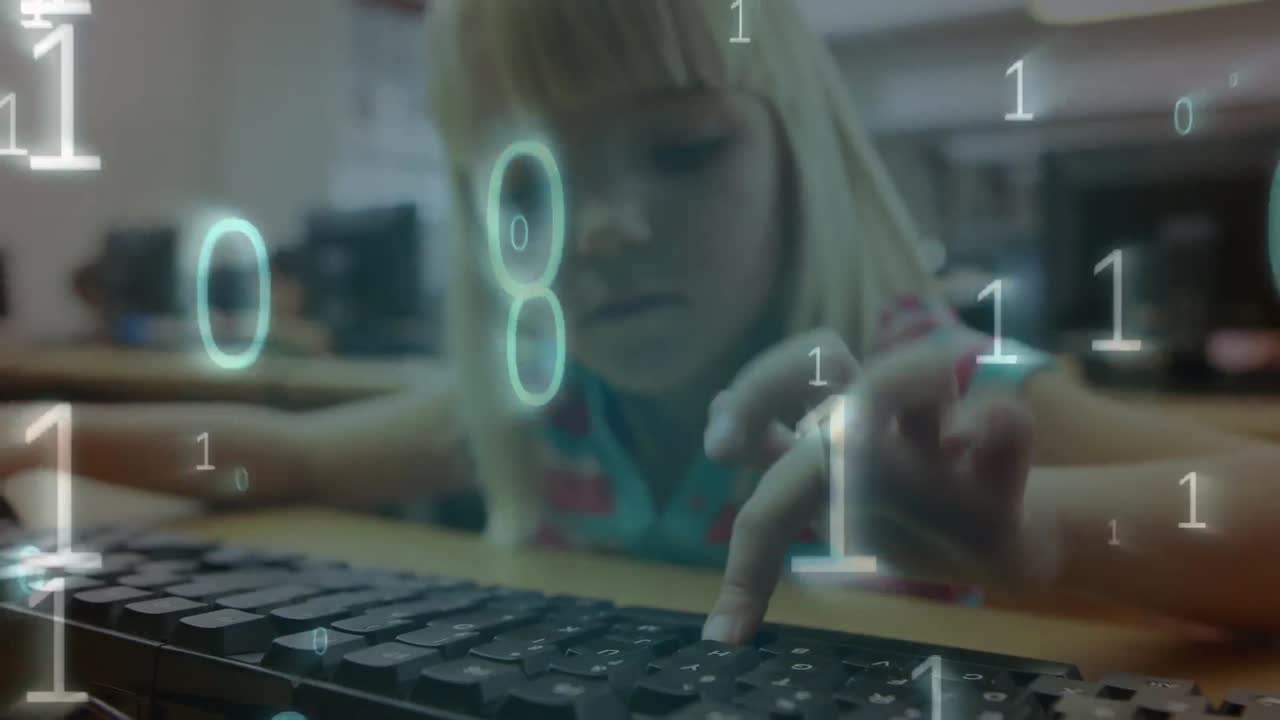 Animation of binary code over caucasian girl using computer at school
