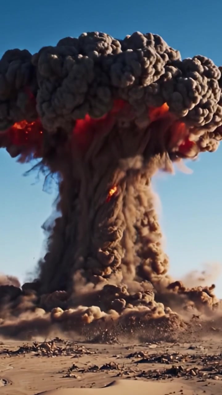 Massive Explosion erzeugt eine katastrophale Pilzwolke über einer Wüstenlandschaft, in atemberaubenden Details in einer dynamischen Videosequenz festgehalten.