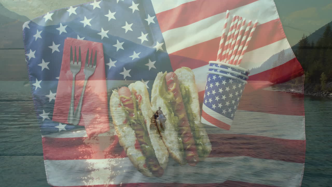 American flag with hot dogs, utensils, and straws, creating animation by lake