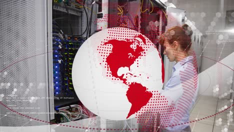 Animation-of-circles-and-globe-over-caucasian-female-worker-inspecting-server-room