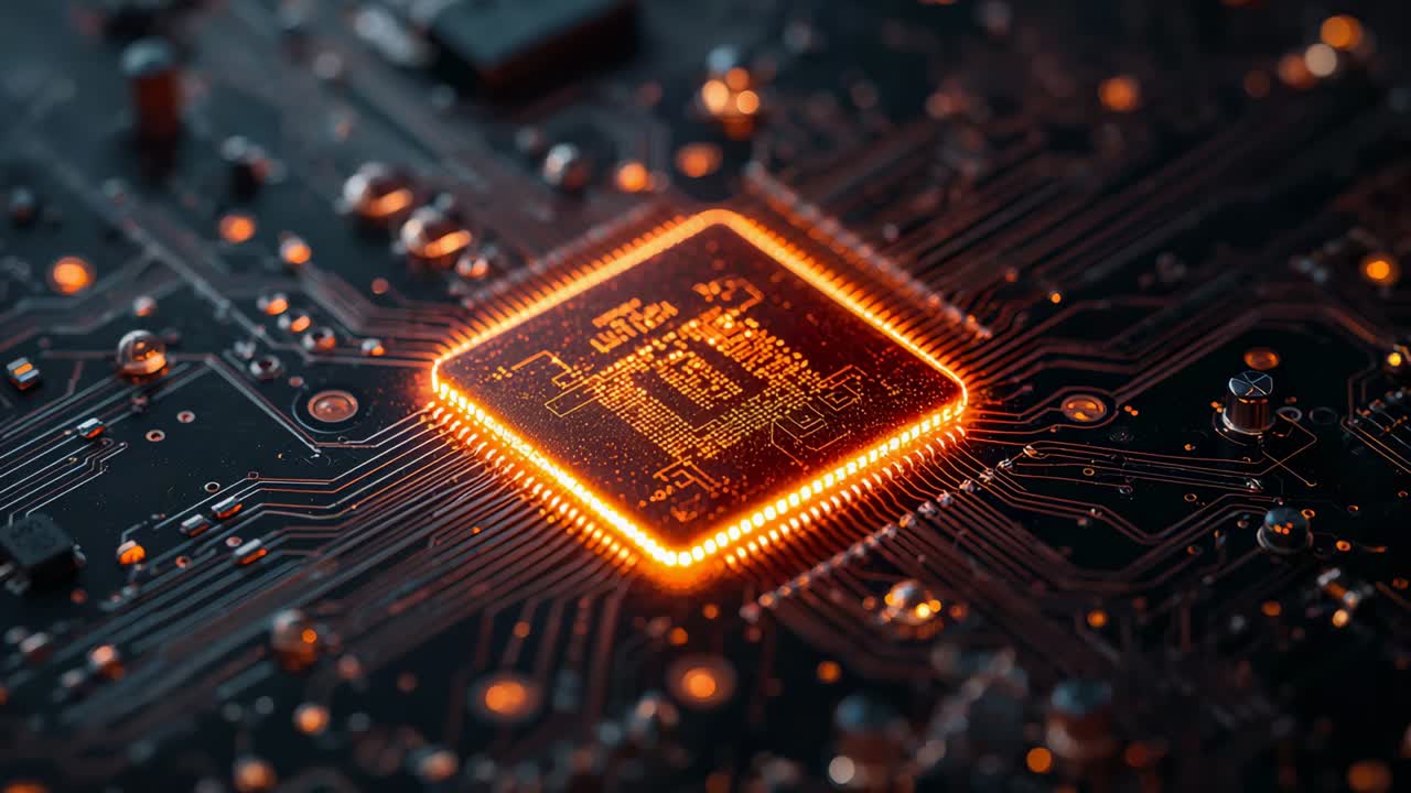 Modtager strøm, firkantet IC, der tændes på testkort, pulserende perimeterben, der afslører chip