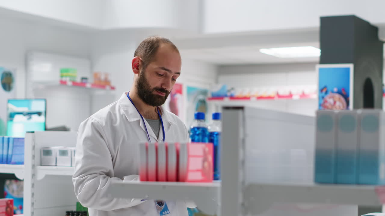 Farmacista che fa l'inventario usando la proiezione olografica