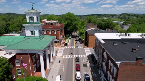 aerial-push-over-american-flag-flying-outside-the-barter-theatre-in-abingdon-virginia