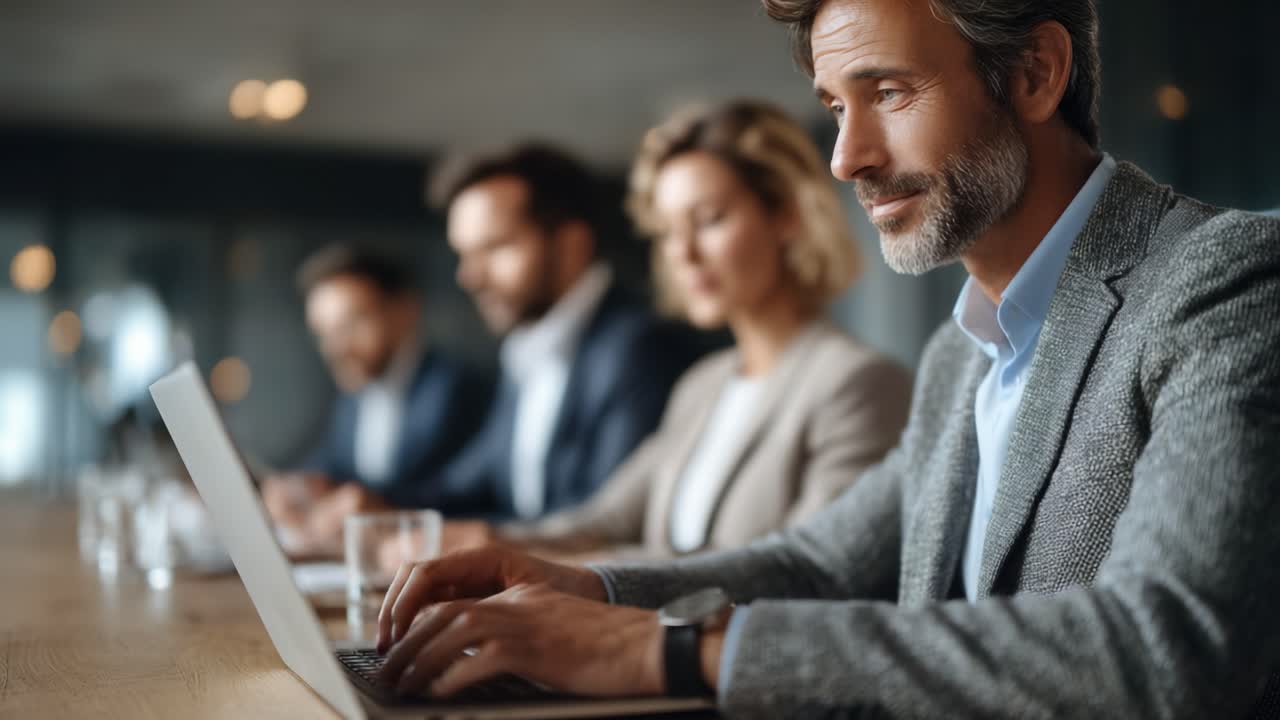 Focused Professional Engaged in Work During Meeting, Collaborating with Colleagues in Modern Office Environment, Highlighting Team Dynamics and Productivity