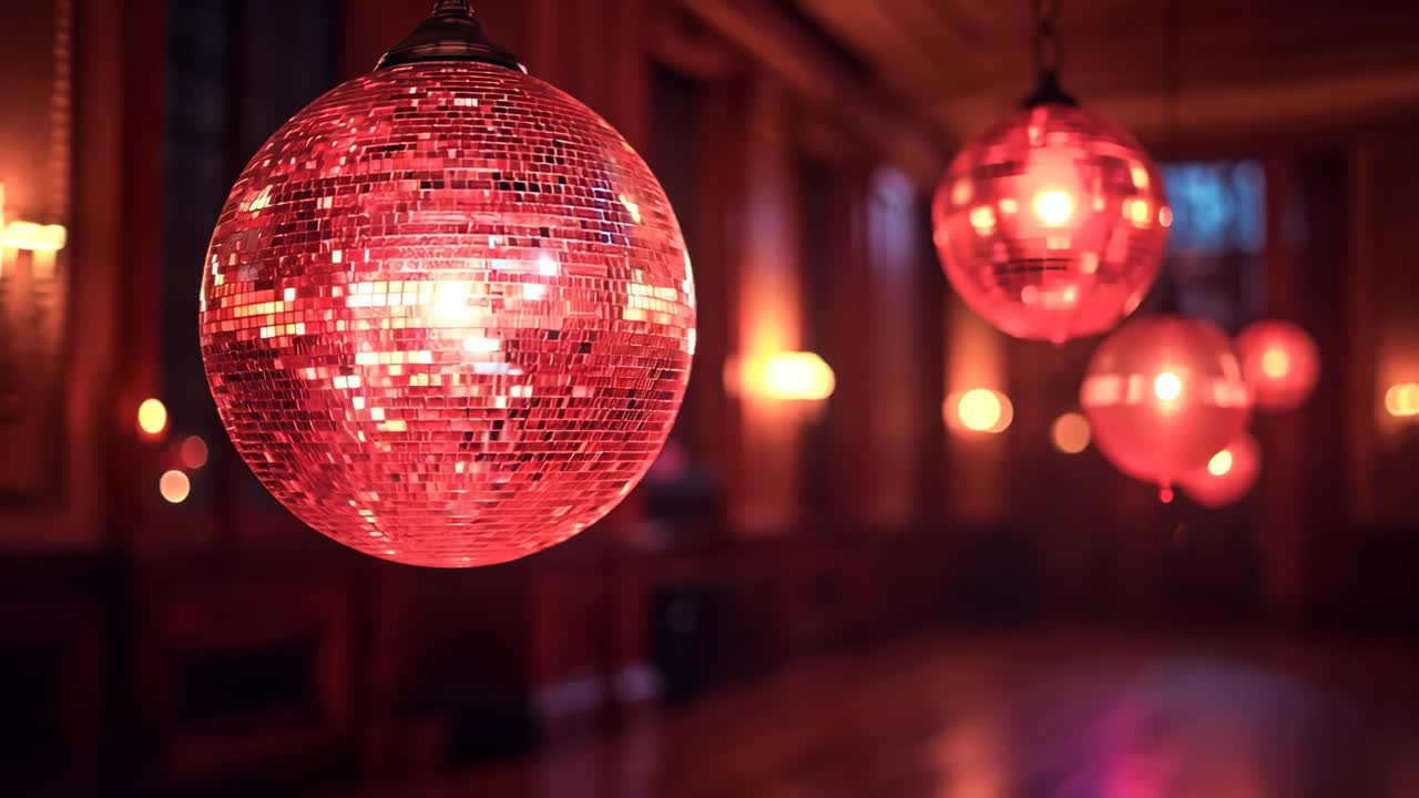 A red ball with glittery lights hanging from the ceiling. The ball is the center of attention and the lights around it create a festive atmosphere