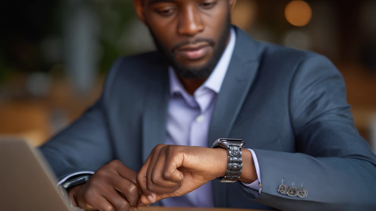 Professional man in a suit looking at his watch while sitting at a desk, conveying themes of time management, responsibility, and business professionalism