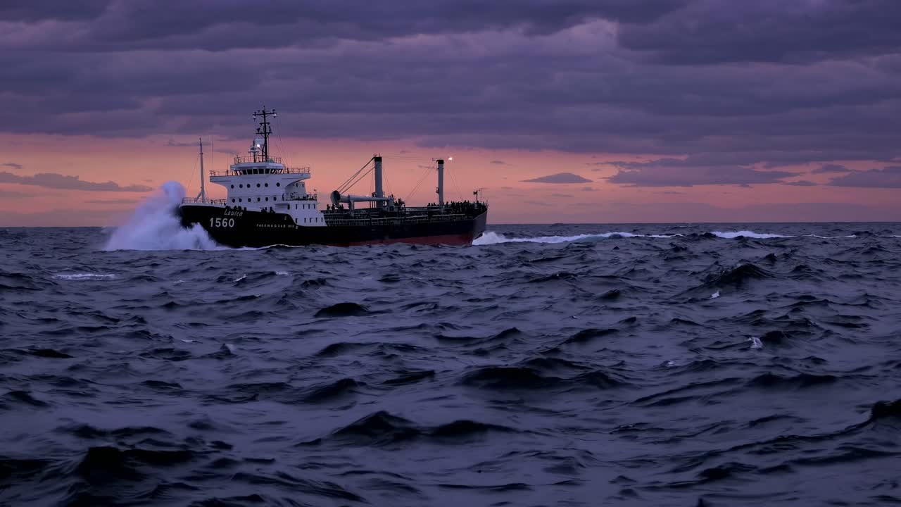 A dramatic video scene of a cargo ship navigating rough seas at sunset, captured from a low-angle