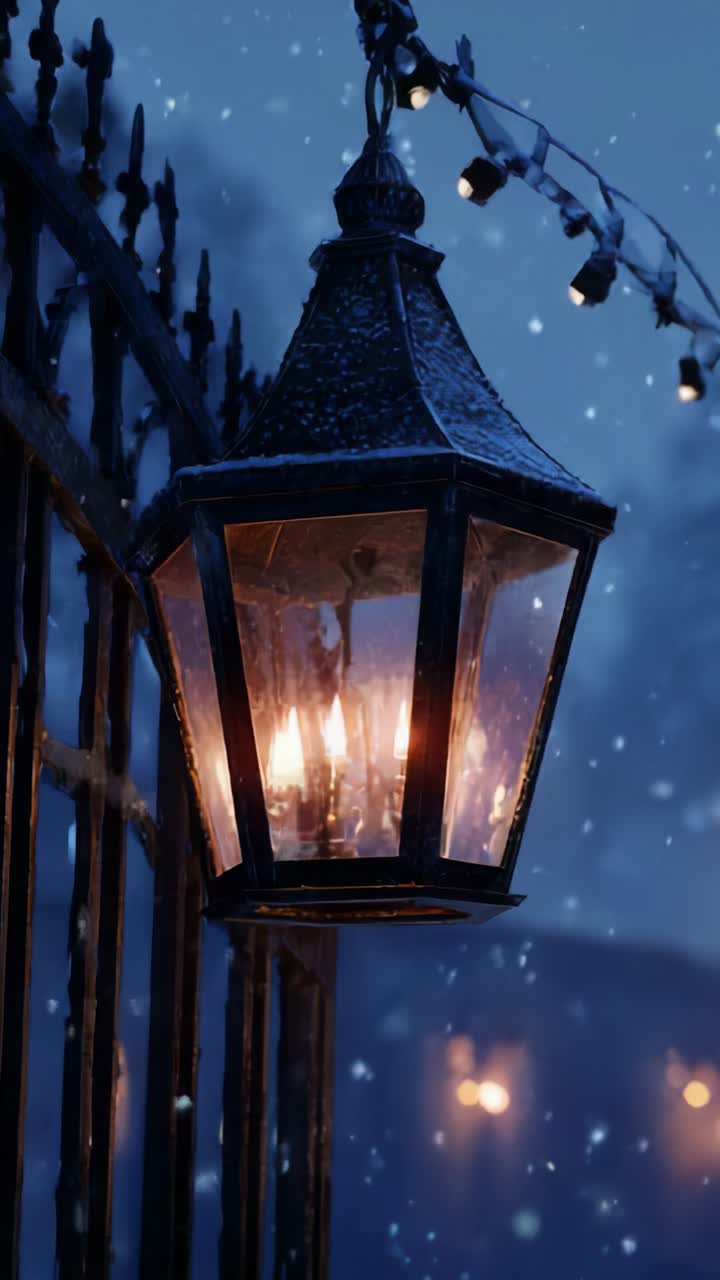 Una lanterna splendidamente illuminata appesa a un cancello, che proietta una luce calda in un ambiente innevato, creando un'atmosfera invernale accogliente e invitante