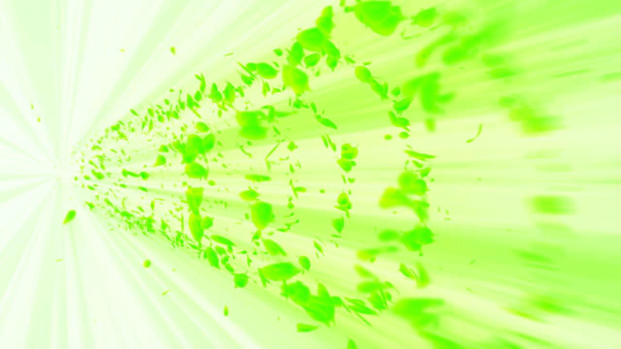 초록색 잎에서 나오는 소용돌이, 스피럴 모양의 반이는 계절 잎의 입자, 춤추는 잎, 다채로운 자연 터널 루프 애니메이션.