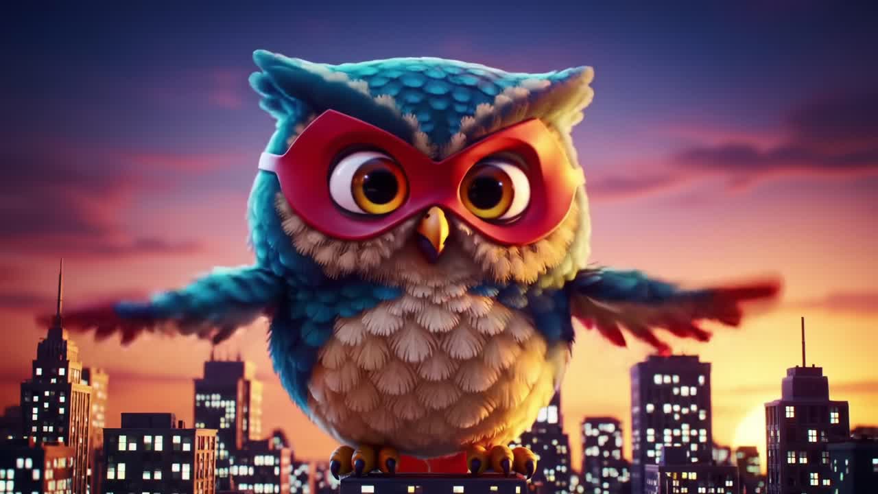 A Superhero Owl Soars Above the Cityscape at Sunset, Showcasing Its Vibrant Feathers and Striking Red Mask, Ready to Guard the Urban Jungle with Its Watchful Eyes