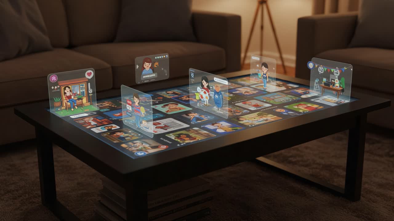 A Modern Interactive Game Table Featuring Virtual Characters and Engaging Gameplay in a Cozy Living Room Setting