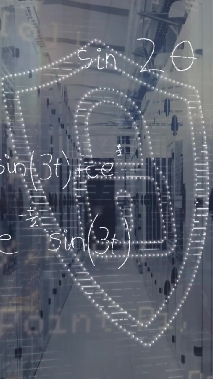 Animation of padlock, mathematical equations and data processing over computer servers