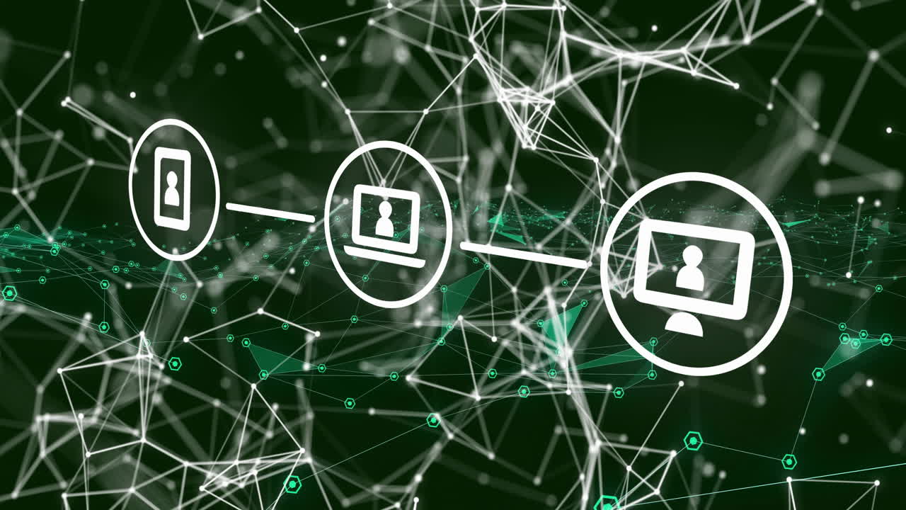 animación de una red de iconos digitales sobre un fondo oscuro