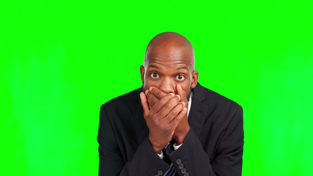Face, wow and businessman on green screen studio