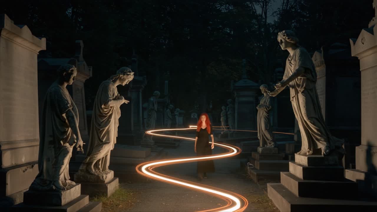 A Mysterious Journey Through a Moonlit Cemetery: Embracing the Enigmatic and Haunting Beauty Amidst Grieving Statues and Eternal Shadows