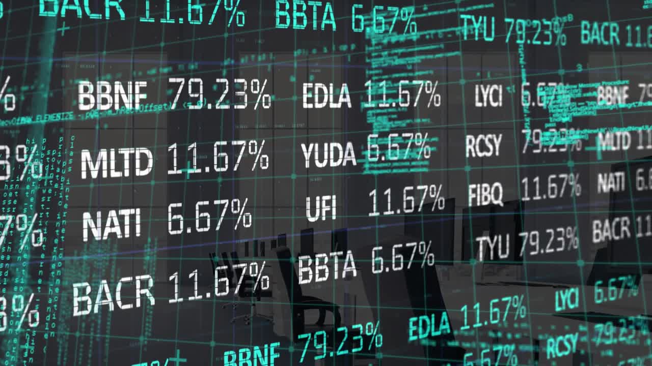 Animazione dell'elaborazione di dati finanziari su un paesaggio urbano