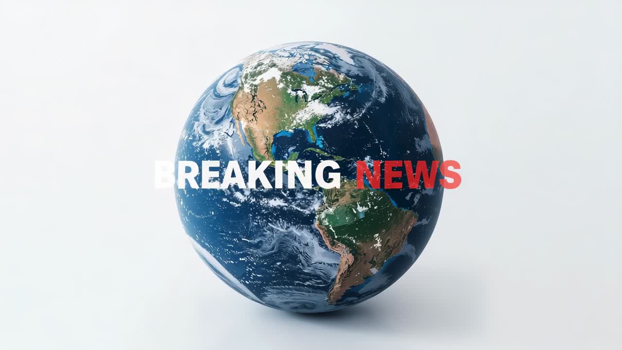 Emerging 3D Earth globe rotating on white backdrop, displaying BREAKING NEWS with light particles