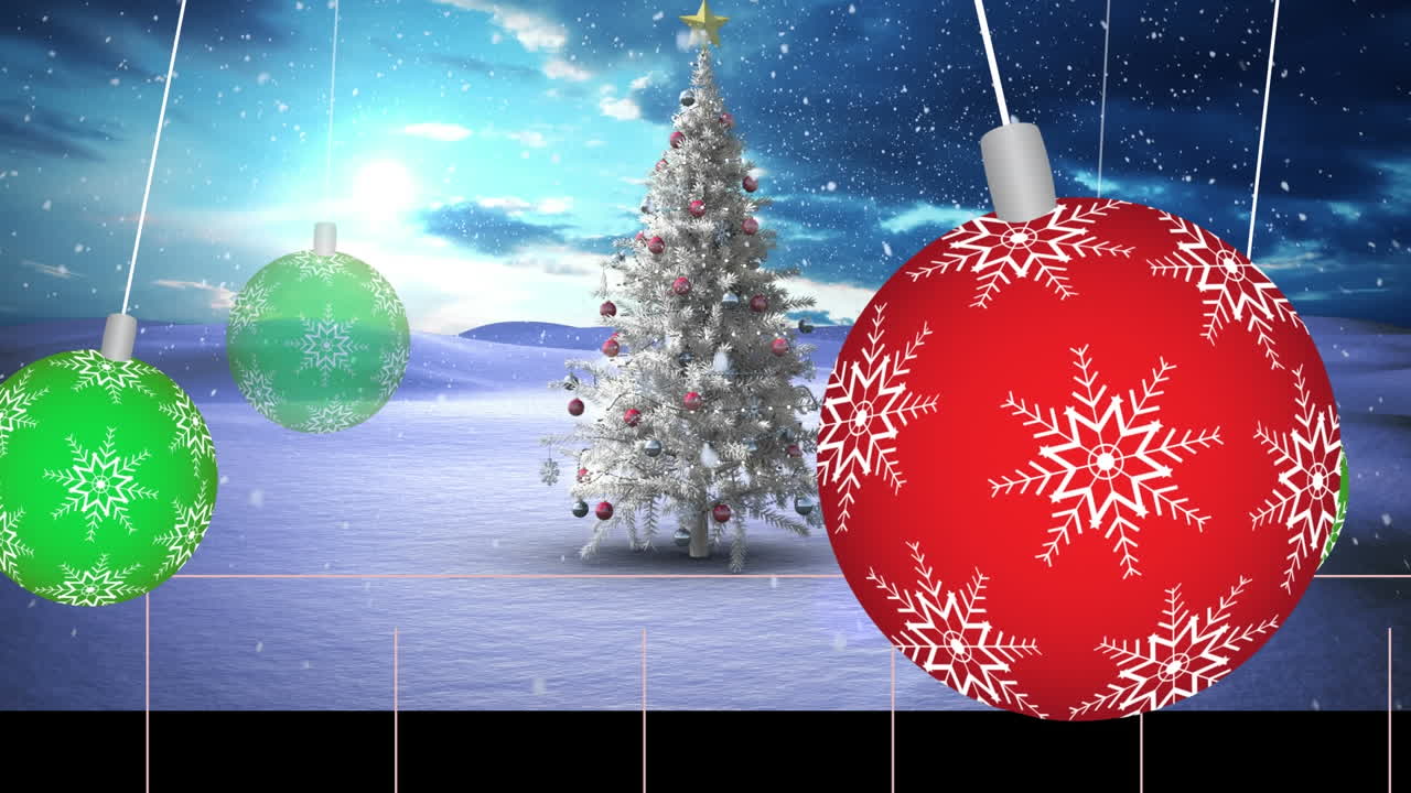 animación de árboles de navidad y decoraciones de bolas en paisajes de invierno