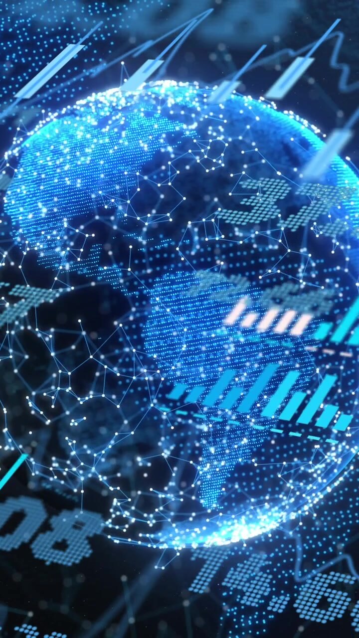 Animation of financial data processing over globe with connections