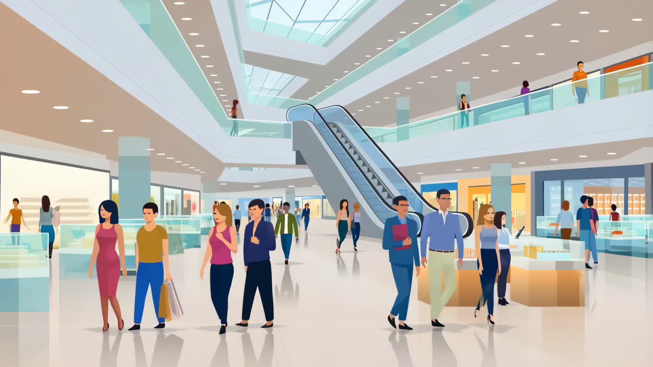Shopping mall scene with people and escalator