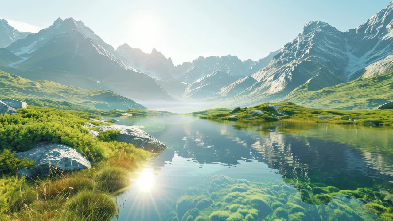 A serene landscape video with a low-angle view of a tranquil lake reflecting majestic mountains