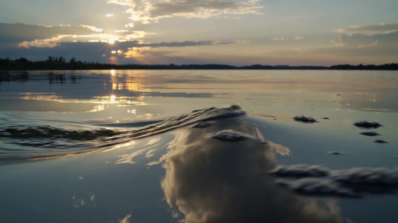 Forming disturbance creating traveling hump toward camera on lake at sunset, with cloud reflections