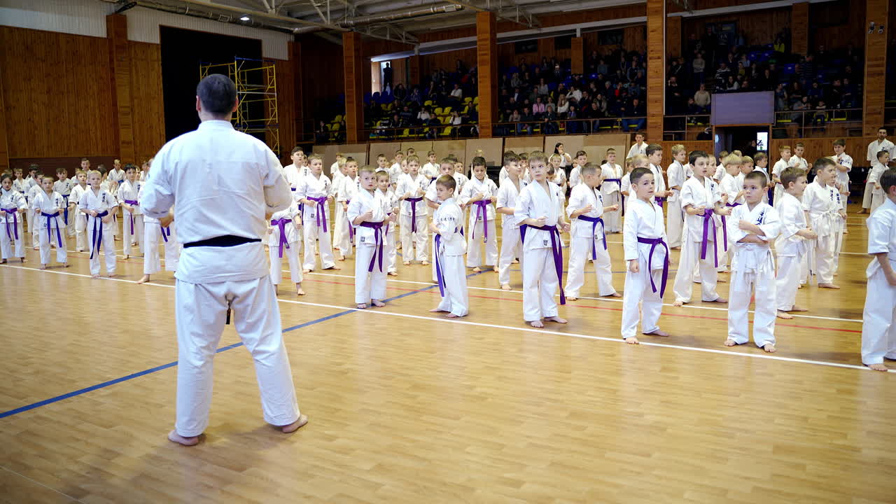 Young karate sportsmen repeating moves after the master. Spectators at the backdrop watch the training.
