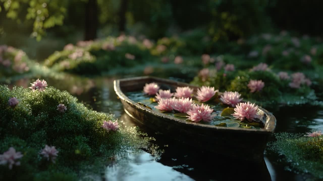 A Tranquil Scene of a Boat Adorned with Pink Water Lilies in a Serene Natural Setting, Capturing the Essence of Peace and Beauty in Nature