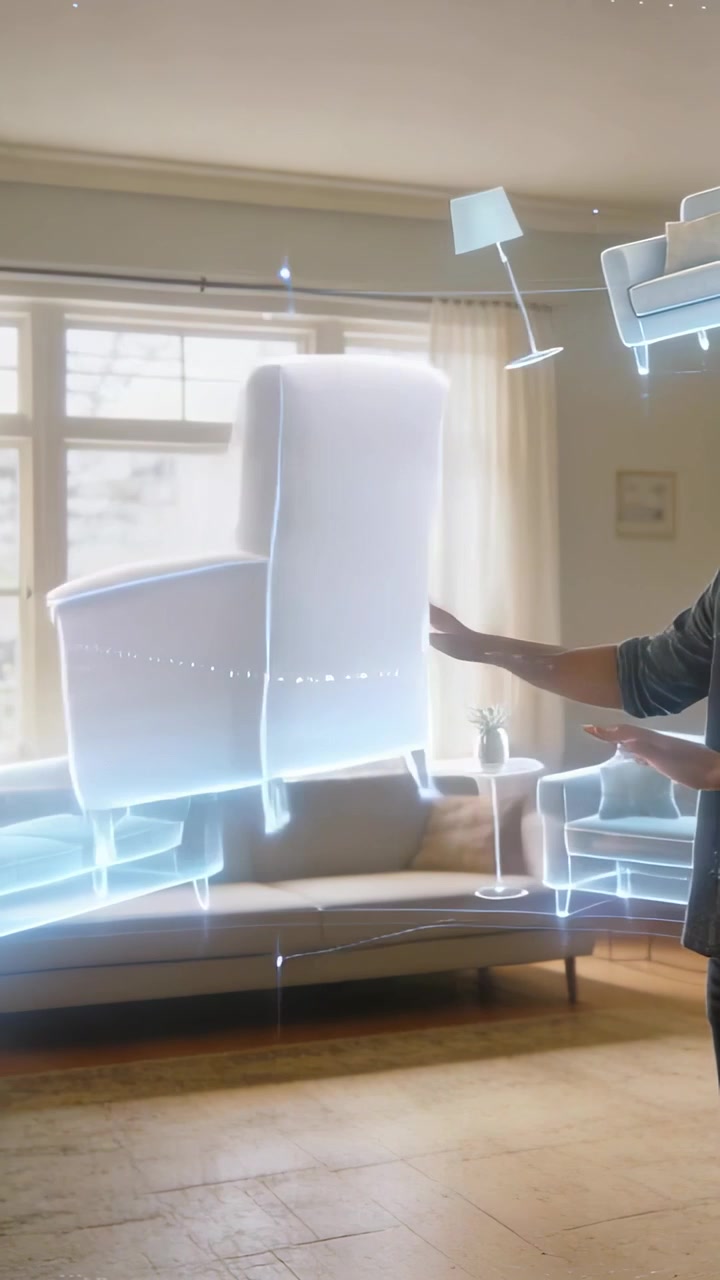 Vertical video: Seeing drag drop man raising moving holo placing models at home jacket, copy space