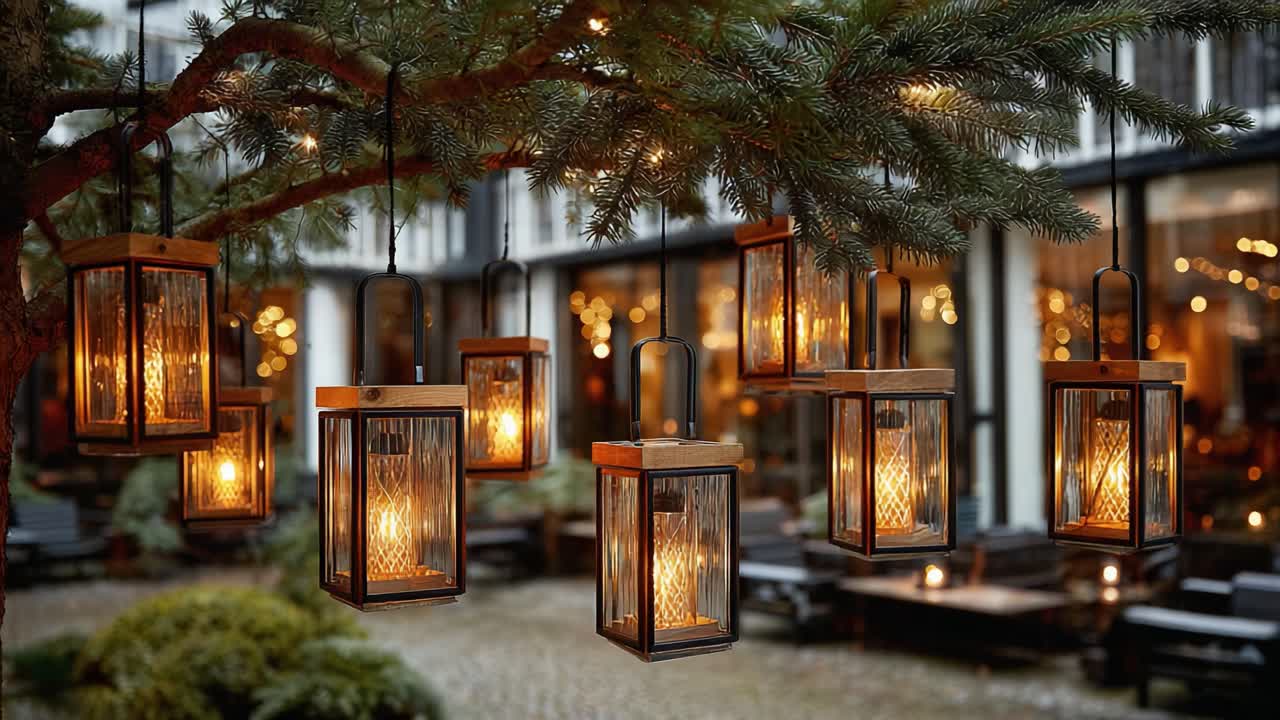 Enchanting Lanterns Decorate a Cozy Outdoor Space, Creating a Warm and Inviting Ambiance for Evening Gatherings Under the Soft Glow of Flickering Lights