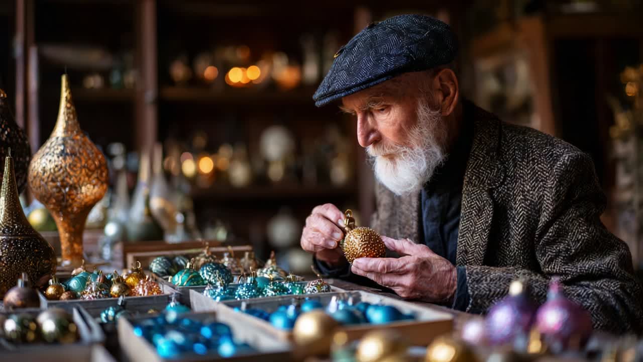 An elderly artisan meticulously crafts decorative ornaments in a charming workshop, surrounded by an array of colorful handmade decorations that reflect passion and precision in his artistry