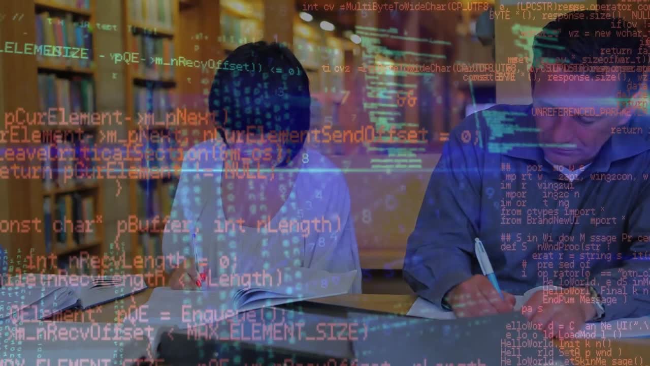 animación del procesamiento de datos y senderos de luz sobre diversos maestros en la biblioteca