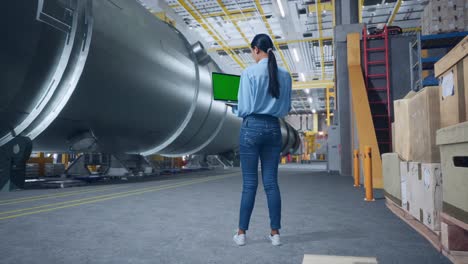 back view of full body woman using laptop computer with mock up green screen in pipe manufacturing factory