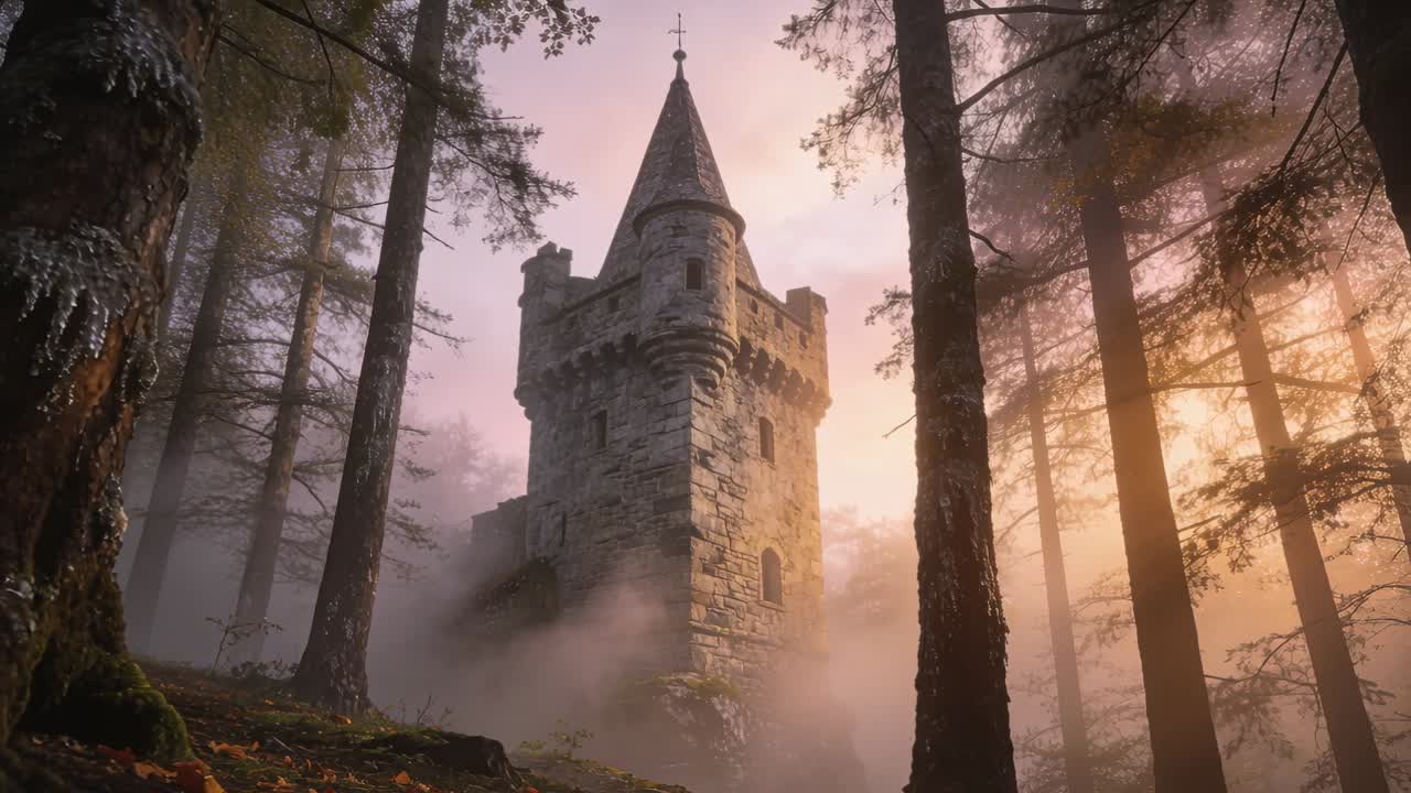 Torre di pietra che emerge in una foresta di conifere, con il sole caldo che filtra attraverso i tronchi, diradando la nebbia e illuminando il muschio.