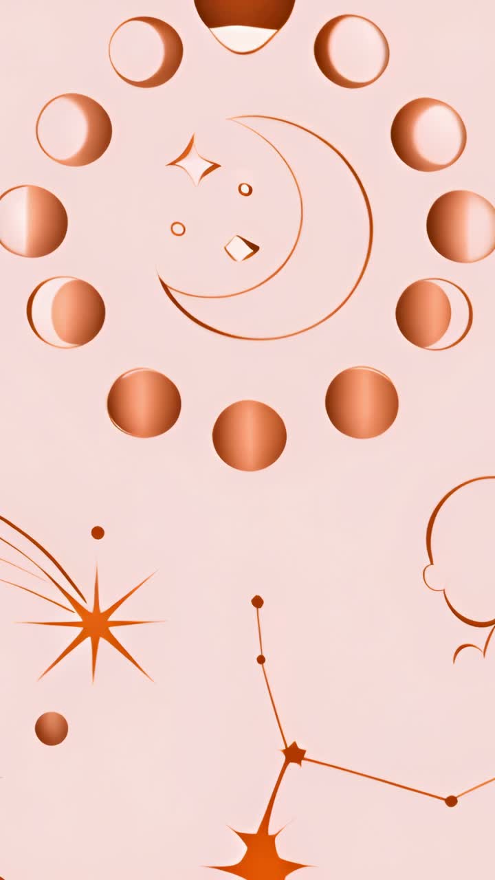 Vertical video: Looping bronze moon icon moving up, down in ring on peach screen, starburst pulsing