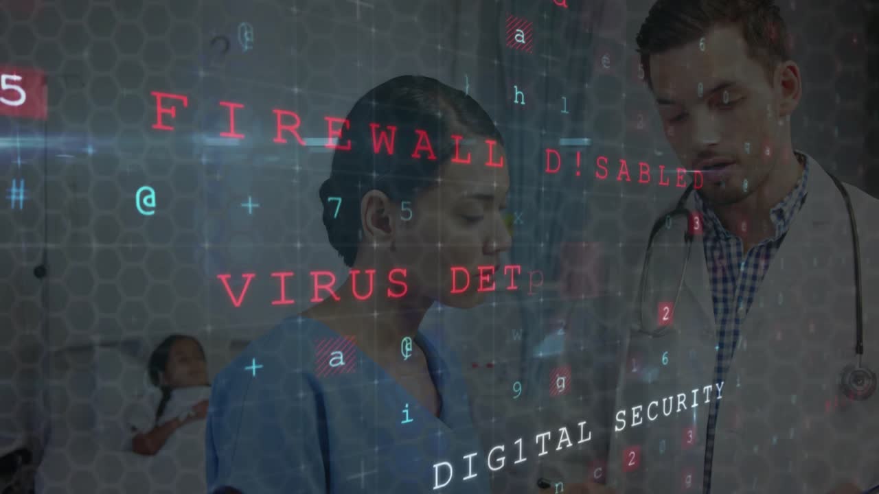 Doctor tapping tablet starting malware scanning at hospital as nurse observing code streaming alert