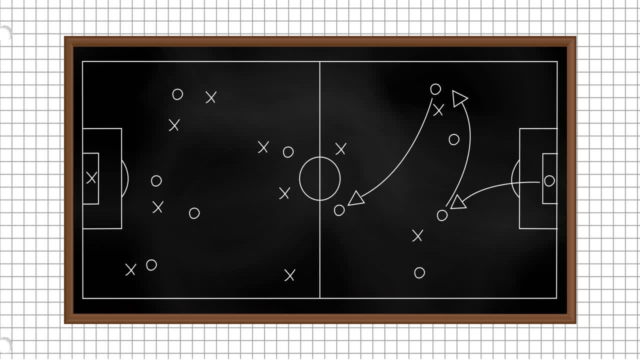 Soccer strategy animation over chalkboard with player positions and movements