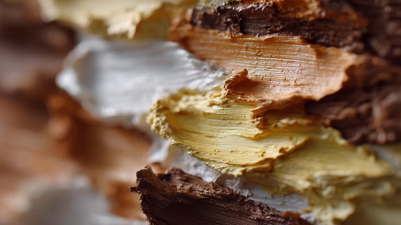 Gros plan détaillé de couches de peinture artistiques sur bois, créant une expérience visuelle texturée avec une riche palette de tons naturels et des détails de surface complexes.