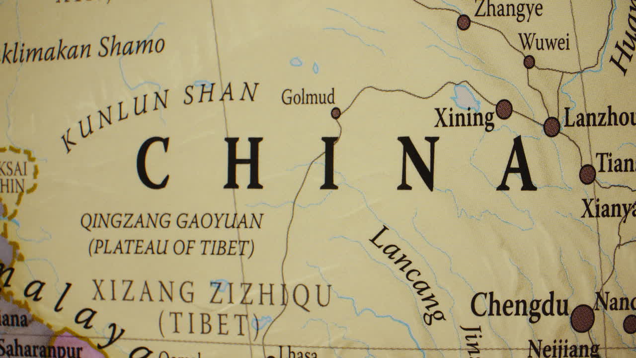 Close-up of a Map Showing China and Surrounding Regions