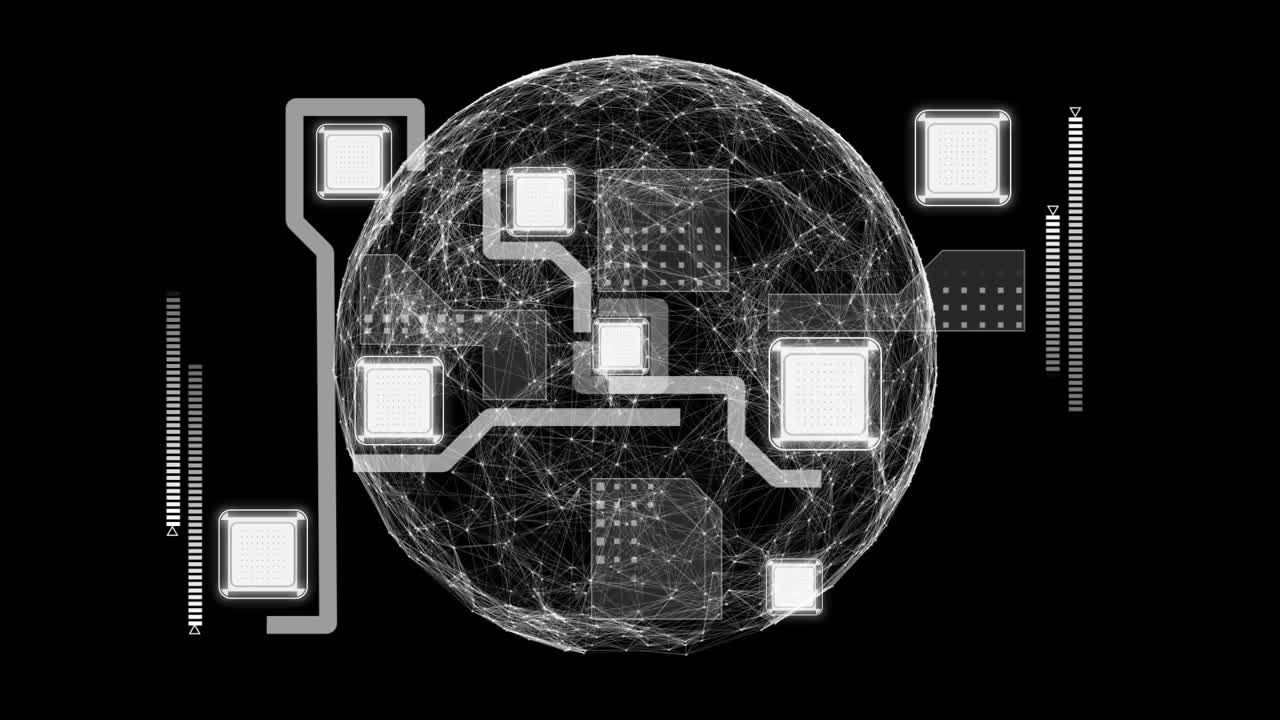 Animation of globe network of connections scope scanning and data processing on black background