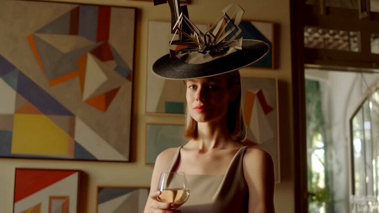 Donna elegante con un cappello alla moda sorseggia vino in una galleria d'arte