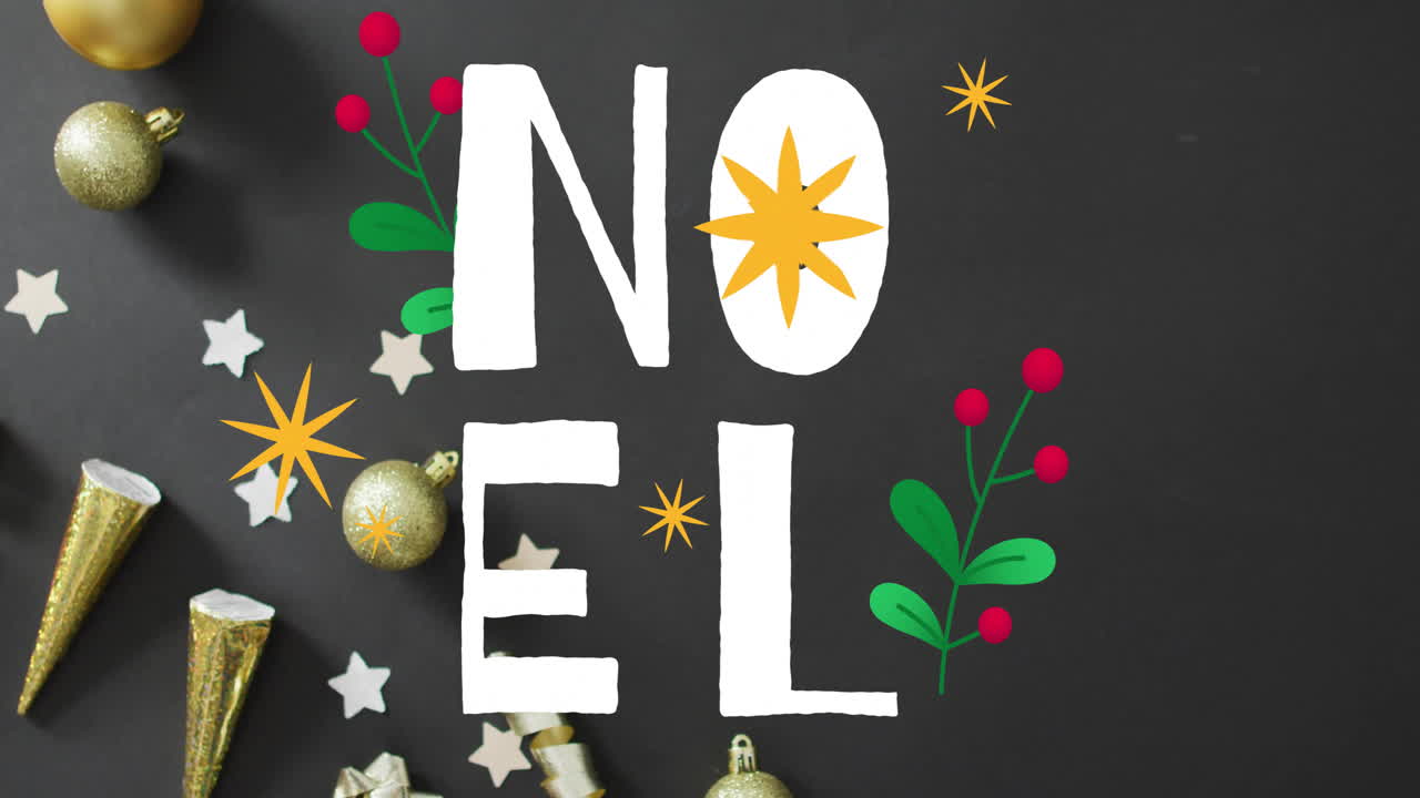 Animation of noel text over christmas decorations on black background