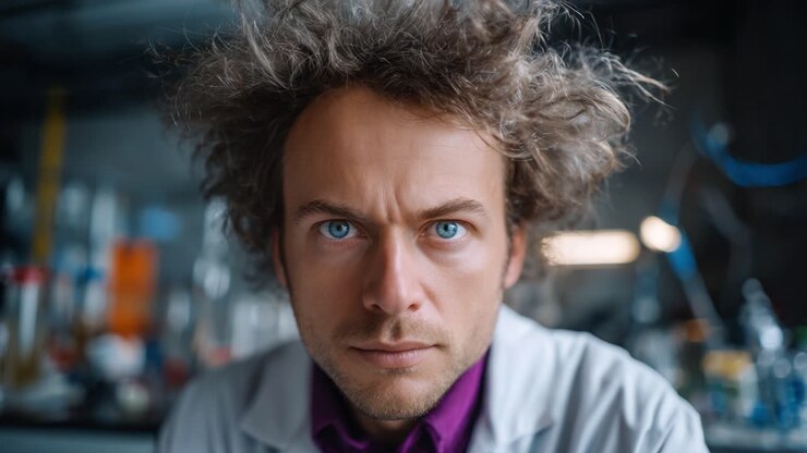 Intense Focus of a Scientist with Wild Hair in a Laboratory Setting, Capturing the Essence of Curiosity and Discovery in a Scientific Environment