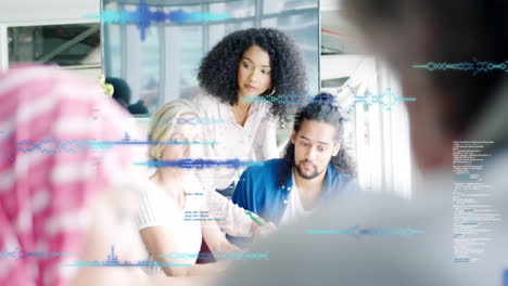 animation of data processing against team of diverse colleagues discussing together at office