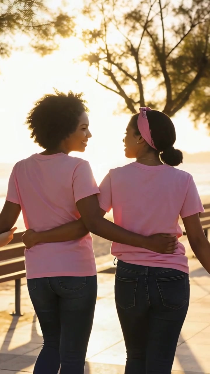Vídeo vertical: Duas mulheres de camisetas rosas caminham de braços dados, conversando ao pôr do sol na costa com um banco