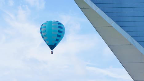 hot air balloon goes behind roof and building